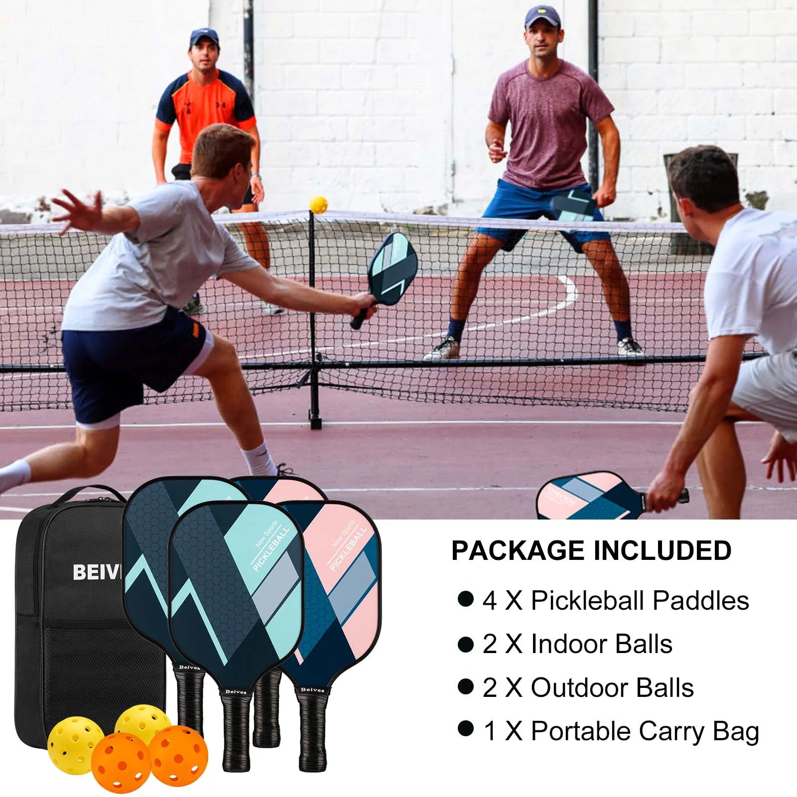 Set of 4 Lightweight Fiberglass Pickleball Paddles with 4 Balls and Carry Bag - Non-Slip Comfort Grip for Men and Women