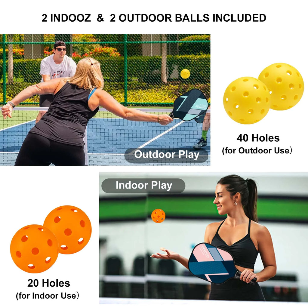 Set of 4 Lightweight Fiberglass Pickleball Paddles with 4 Balls and Carry Bag - Non-Slip Comfort Grip for Men and Women