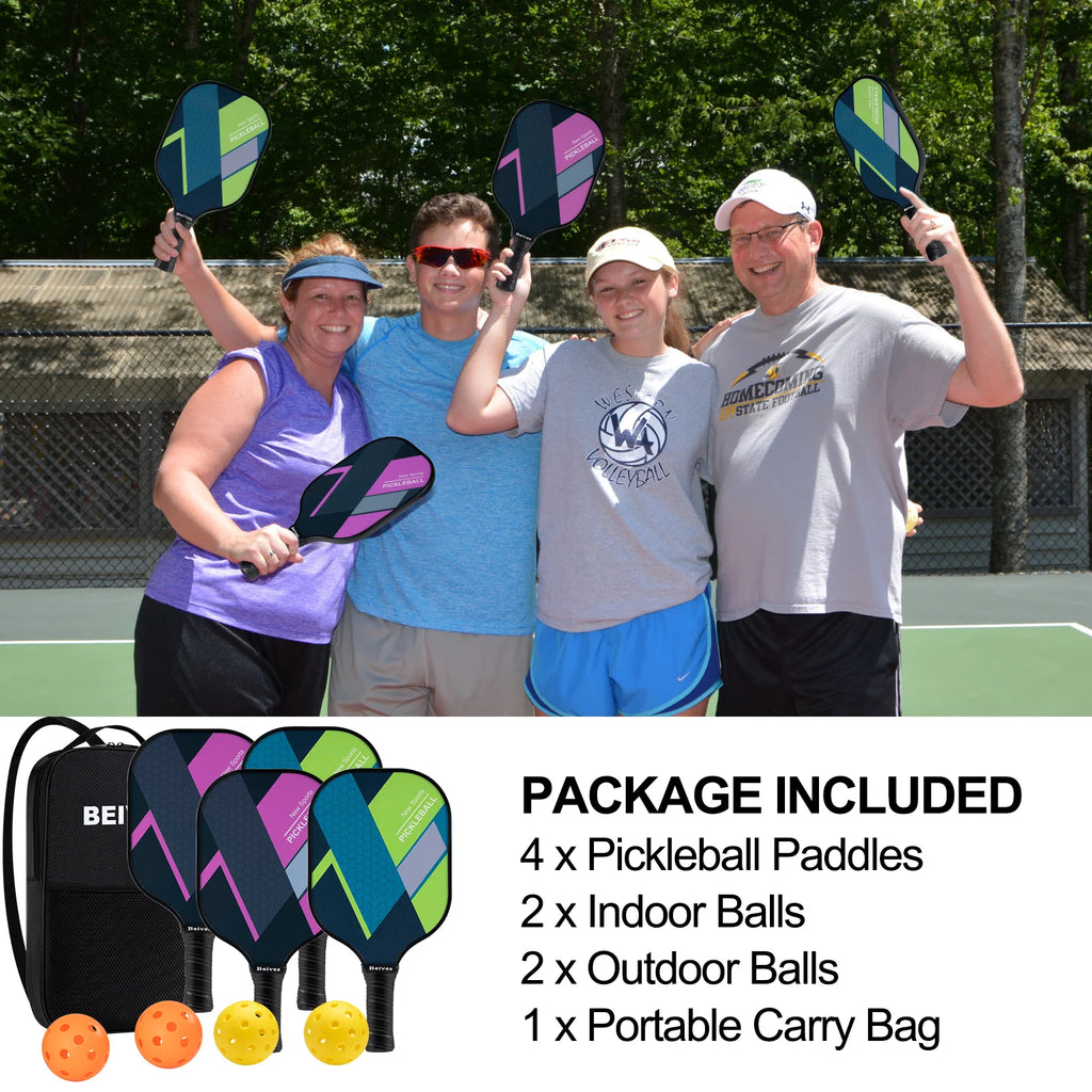 Fiberglass Pickleball Set - 4 Paddles, 4 Balls, and Portable Carrying Bag for Indoor and Outdoor Use