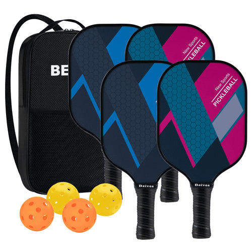 Premium Pickleball Paddle Set of 4 with Fiberglass Surface, Polypropylene Core, 4 Balls, and Carry Bag