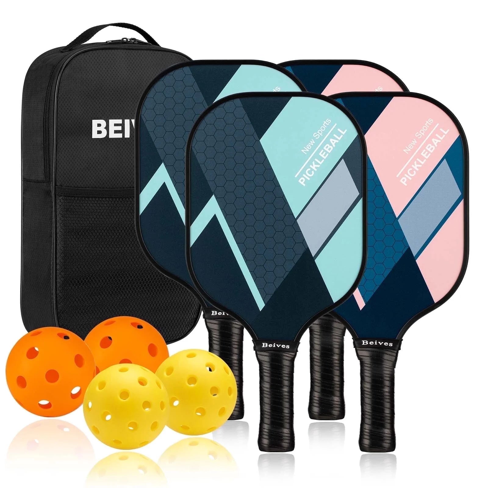 Set of 4 Lightweight Fiberglass Pickleball Paddles with 4 Balls and Carry Bag - Non-Slip Comfort Grip for Men and Women