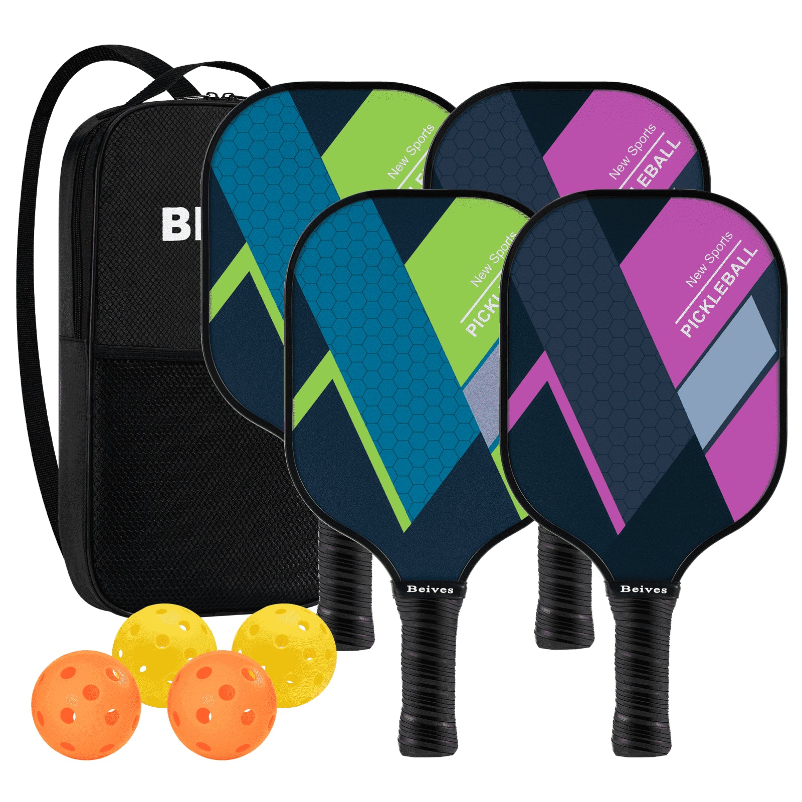 Fiberglass Pickleball Set - 4 Paddles, 4 Balls, and Portable Carrying Bag for Indoor and Outdoor Use